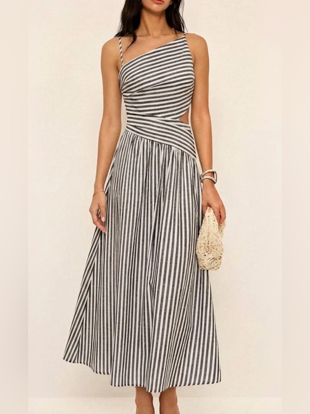 Commense Hunter Green & White Striped One-Shoulder Cutout Maxi Dress